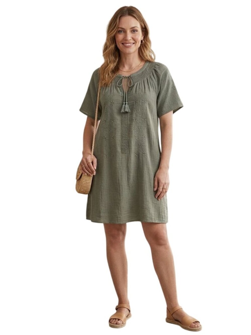 Lucky Brand Olive Sustainable Cotton Gauze Embroidered Bohemian Dress Size M